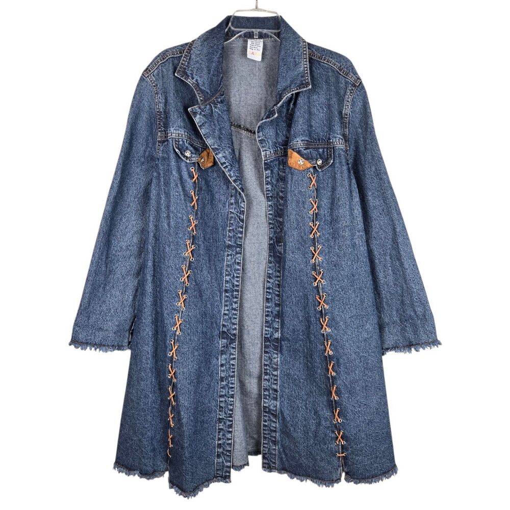 ETHYL Denim Duster Western Jacket Leather Laces Raw Hem Festival Boho Blue 1X